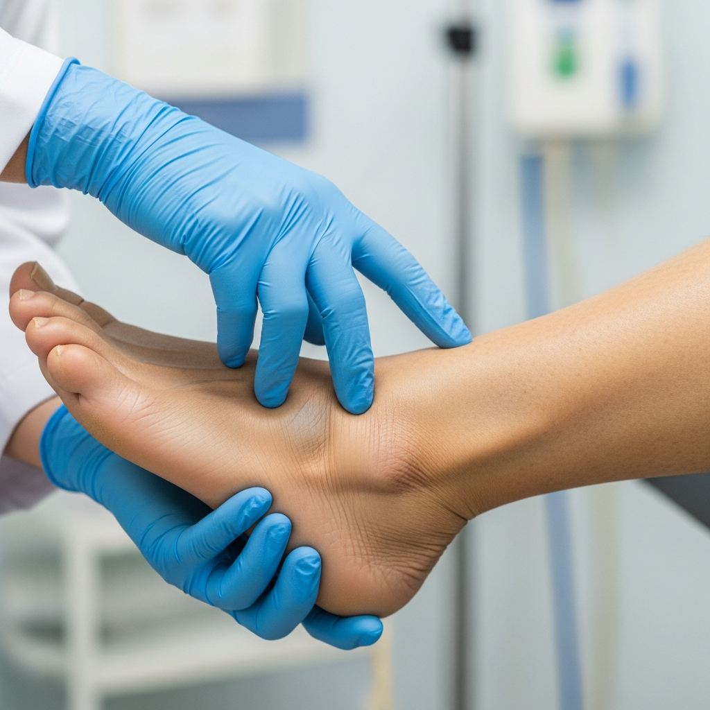 Bác sĩ kiểm tra dấu hiệu phù chân và tích nước ở người cao tuổi để chẩn đoán suy tim