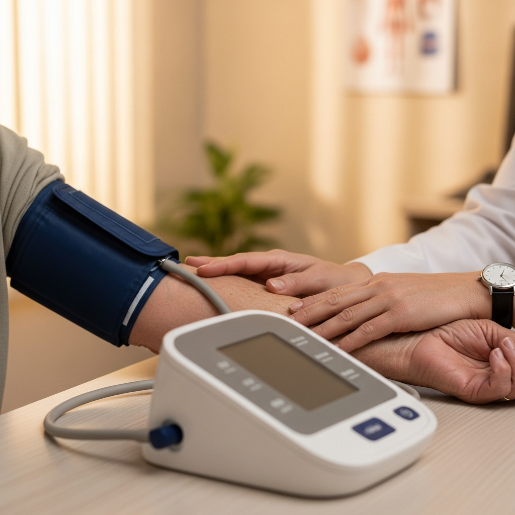 Cận cảnh đo huyết áp cho người cao tuổi tại phòng khám với thiết bị y tế hiện đại.
