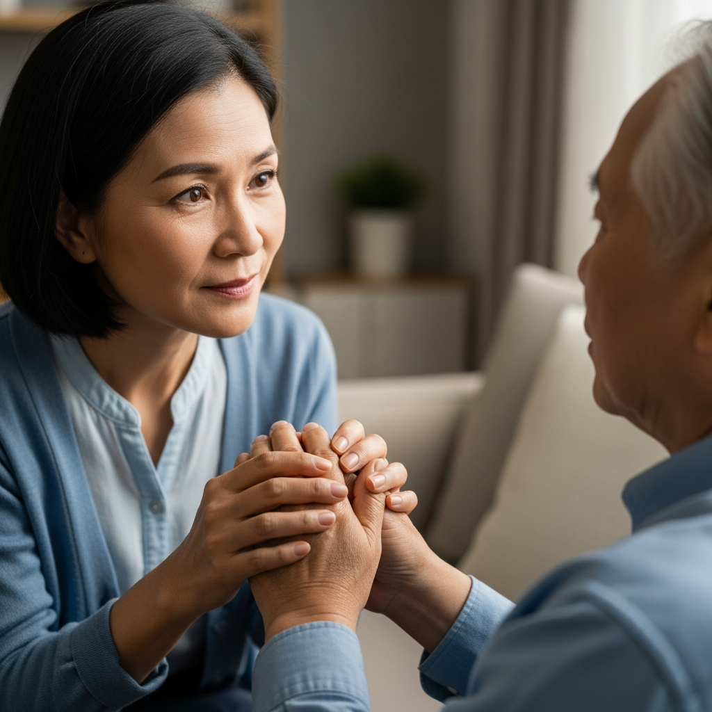 Người thân kiểm tra các dấu hiệu yếu tay hoặc méo miệng ở người cao tuổi theo quy tắc FAST.