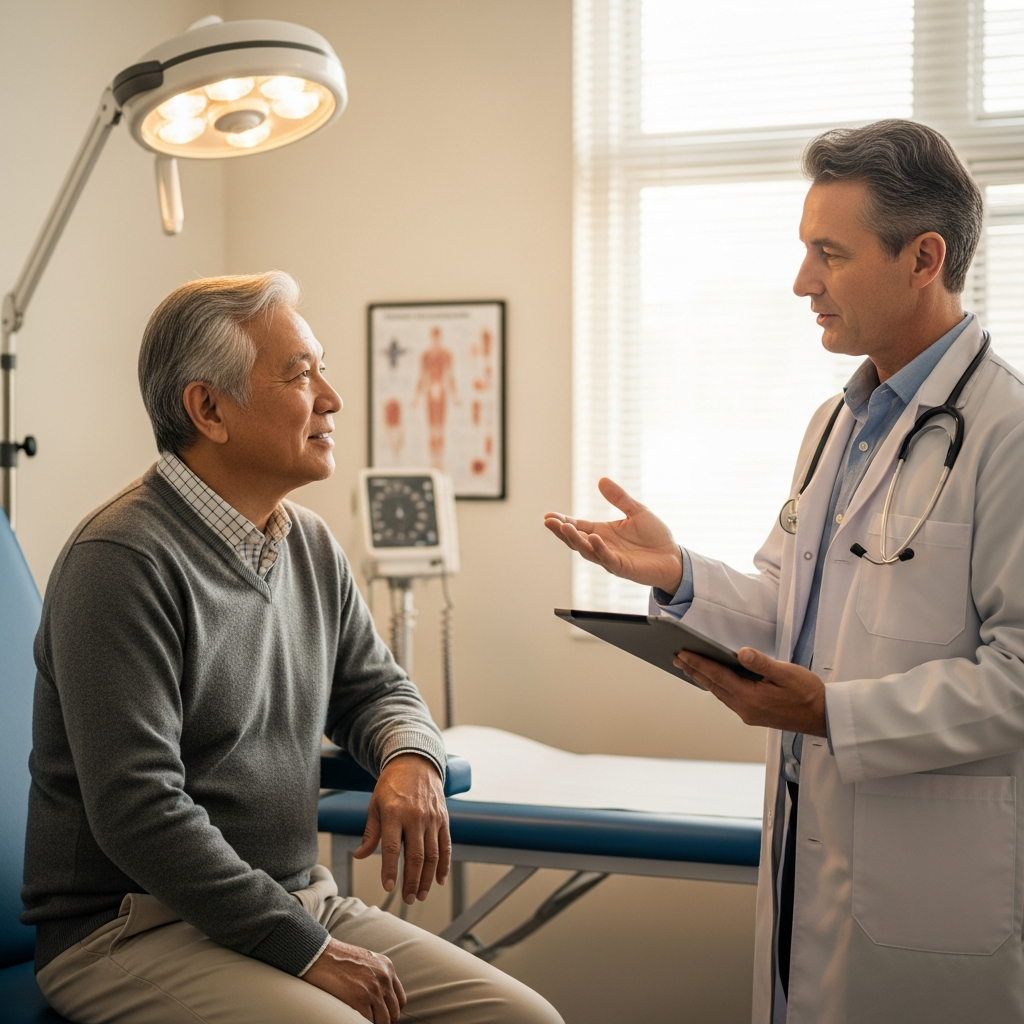 Bác sĩ đang tư vấn sức khỏe tim mạch cho bệnh nhân cao tuổi trong phòng khám chuyên khoa