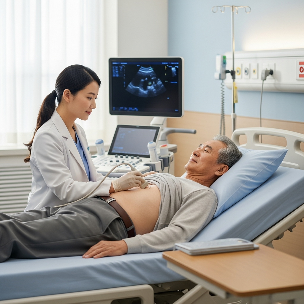 Bác sĩ thực hiện siêu âm tim và tầm soát bệnh lý tim mạch cho bệnh nhân cao tuổi tại bệnh viện