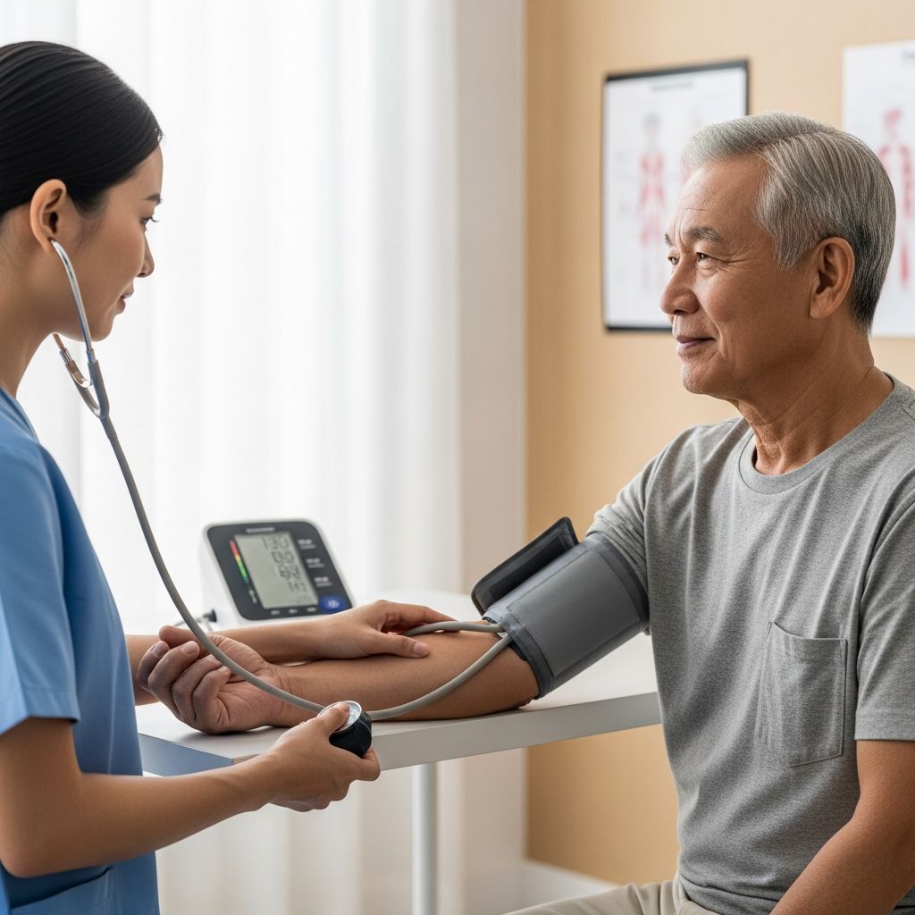 Nhân viên y tế đo huyết áp cho người cao tuổi để kiểm soát nguy cơ đột quỵ.