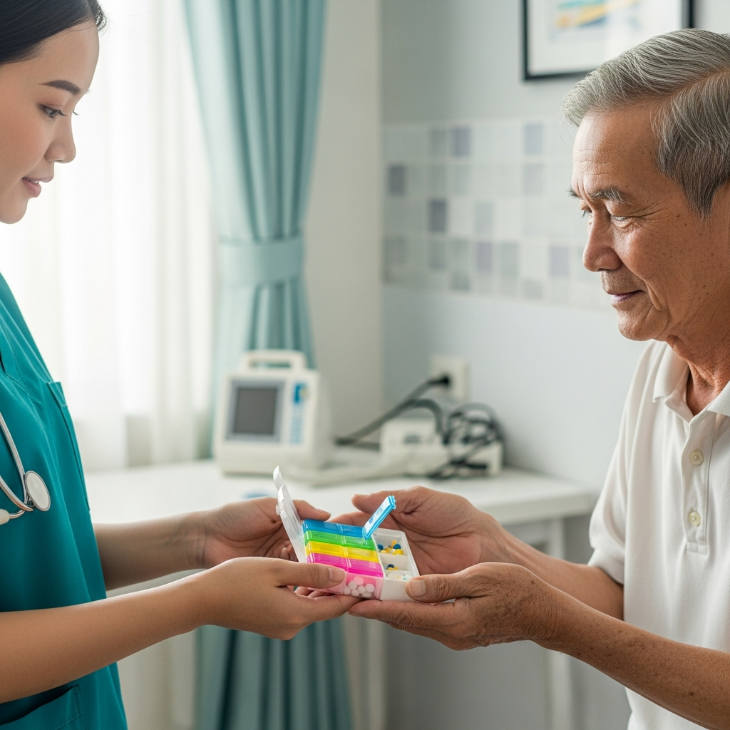 Nhân viên y tế hướng dẫn người cao tuổi sử dụng hộp chia thuốc hàng ngày để kiểm soát huyết áp.