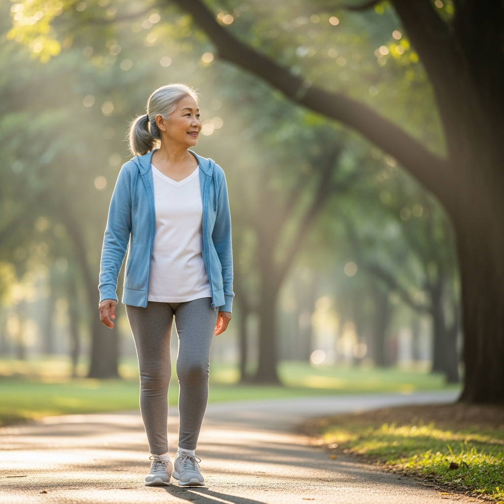 Người phụ nữ cao tuổi đi bộ nhẹ nhàng trong công viên vào buổi sáng để rèn luyện sức khỏe tim mạch