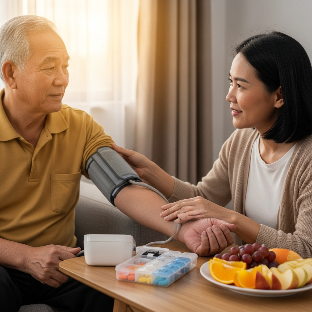 Người thân hỗ trợ đo huyết áp và chăm sóc người già bị suy tim tại nhà