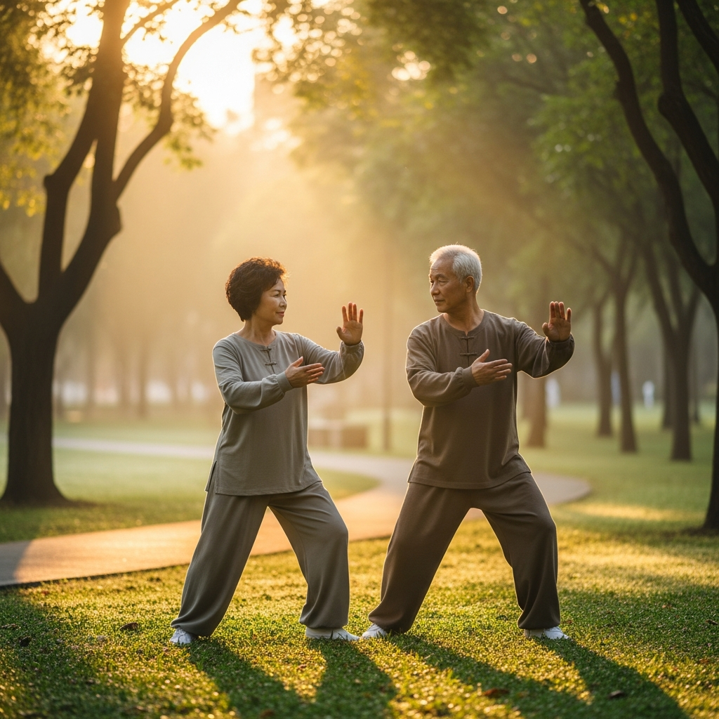 Người cao tuổi tập dưỡng sinh nhẹ nhàng trong công viên để cải thiện sức khỏe tim mạch.