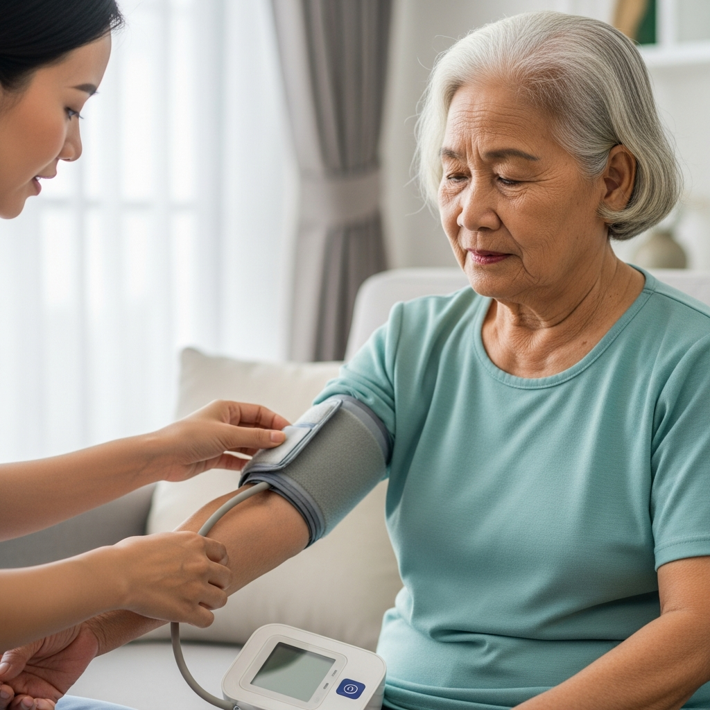 Người chăm sóc đang đo huyết áp cho người cao tuổi tại nhà để kiểm soát yếu tố nguy cơ gây đột quỵ