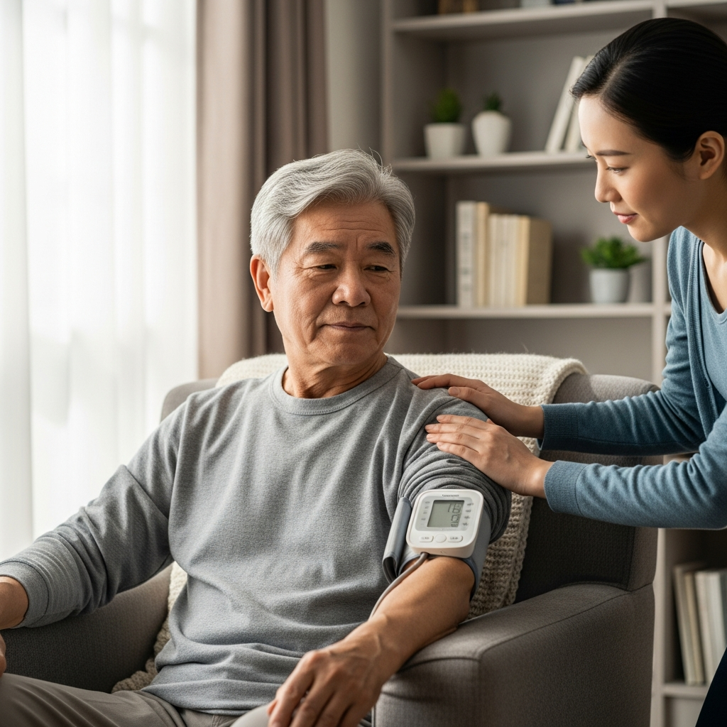 Người cao tuổi đang ngồi đo huyết áp tại nhà với sự hỗ trợ của người thân, không khí ấm cúng và an tâm.