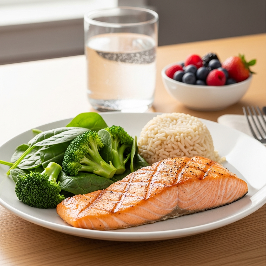 Đĩa thức ăn dinh dưỡng gồm cá hồi nướng, rau xanh và gạo lứt giúp phục hồi sau đột quỵ.