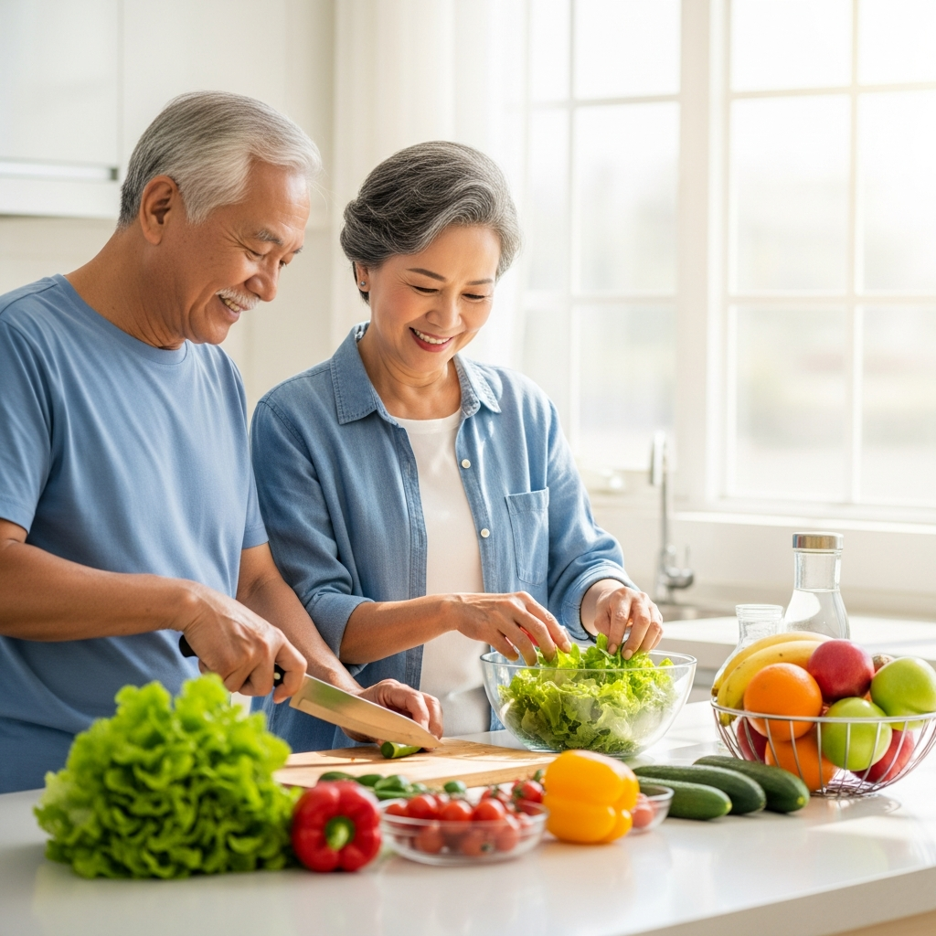Một cặp vợ chồng lớn tuổi vui vẻ chuẩn bị bữa ăn lành mạnh với nhiều rau xanh và thực phẩm tươi sống.