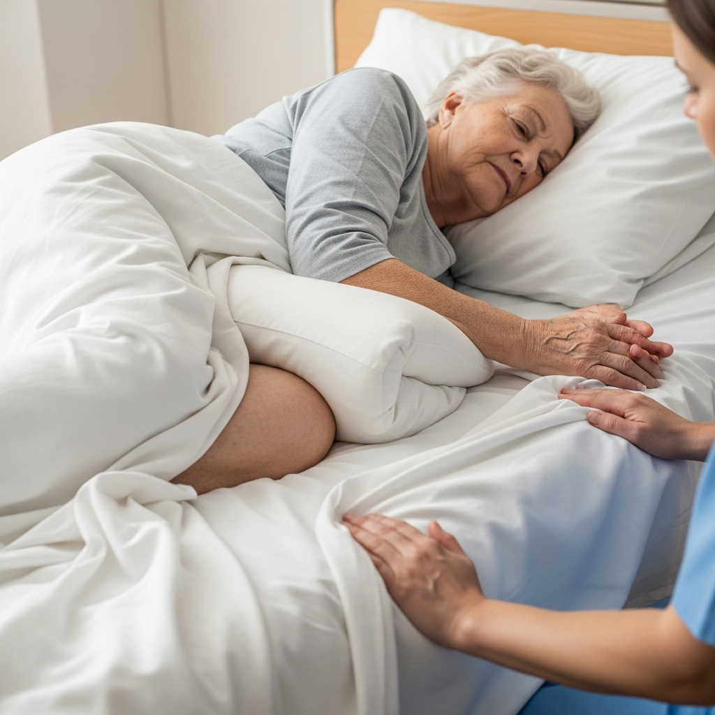 Minh họa kỹ thuật kê gối giữa hai đầu gối và sau lưng giúp giảm áp lực và chống loét cho người bệnh nằm nghiêng.