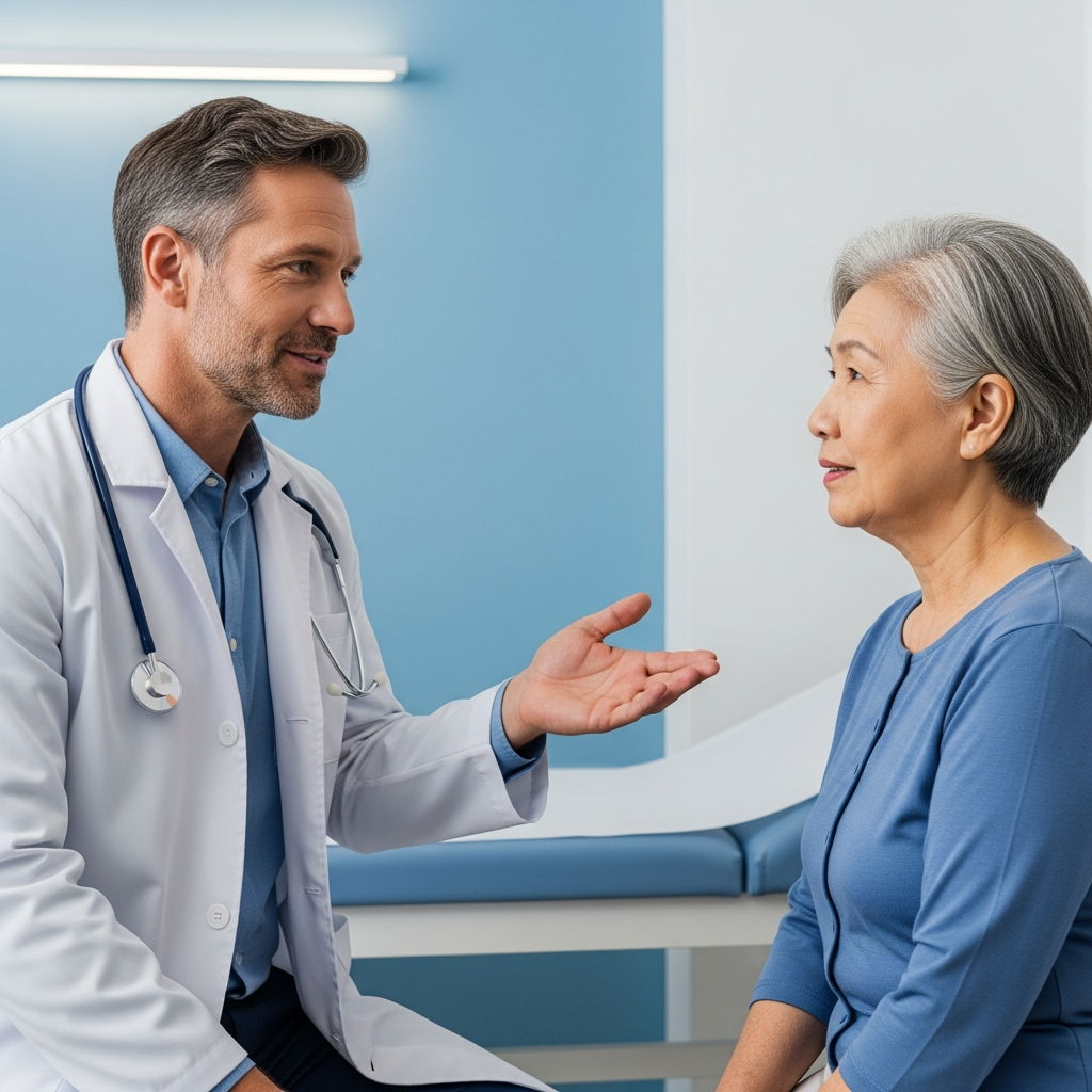 Bác sĩ đang tận tình tư vấn và giải thích về quy trình tầm soát sức khỏe cho bệnh nhân lớn tuổi tại phòng khám.