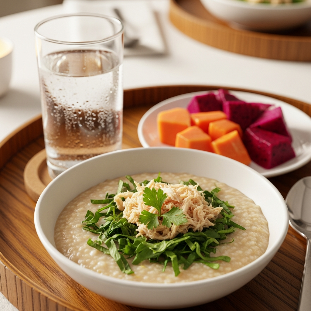 Bữa ăn dinh dưỡng với các món mềm, dễ tiêu hóa và trái cây tươi giúp người bệnh phục hồi sức khỏe và lành da.