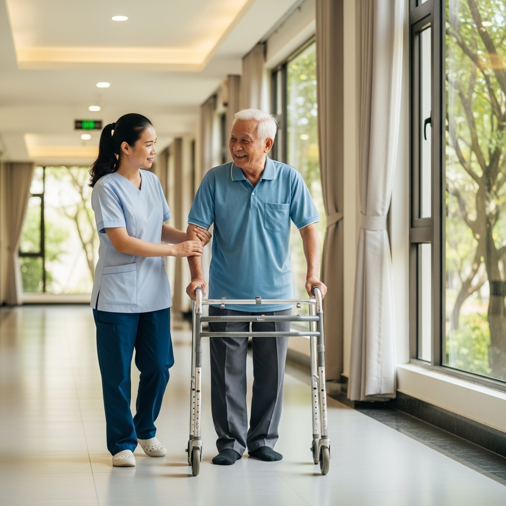 A nurse assisting an elderly man with a walker in a bright nursing home corridor, illustrating the level of care required for different health conditions.