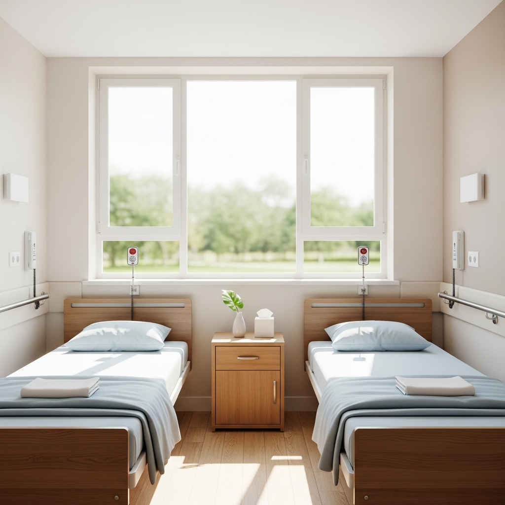 Interior view of a clean, well-lit semi-private room in a nursing home, showing the standard of living facilities.