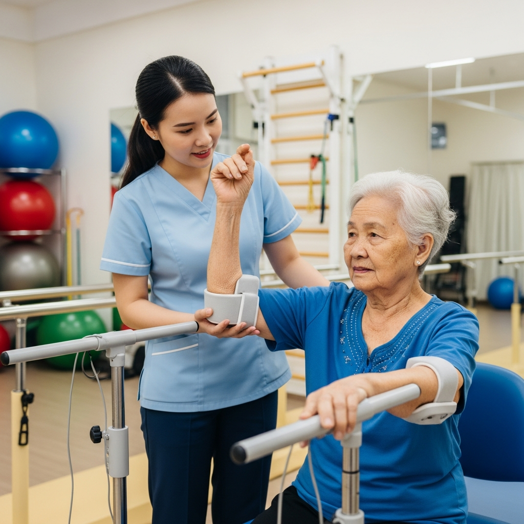 An elderly woman receiving physical therapy from a professional therapist, representing additional medical and rehabilitation costs.
