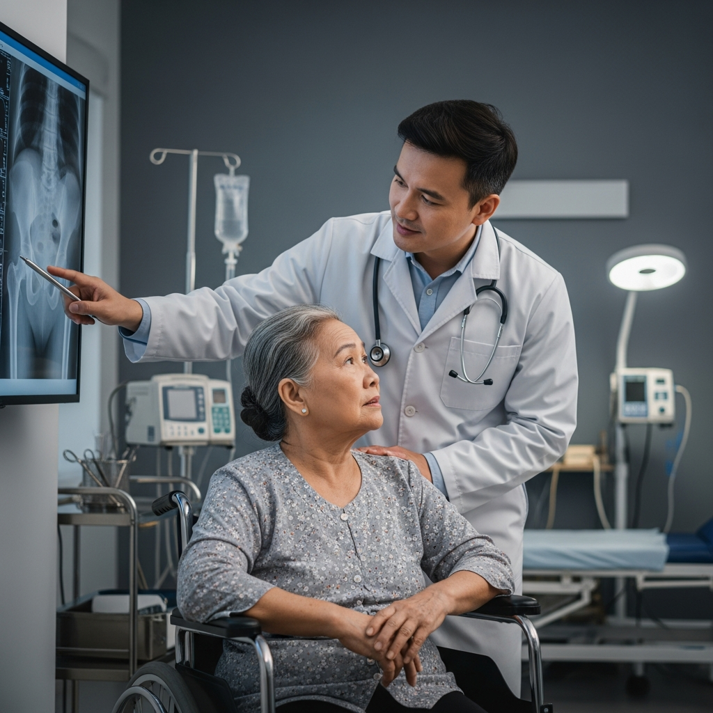 Bác sĩ chuyên khoa đang tư vấn cho người cao tuổi về phim chụp X-quang xương khớp tại phòng khám.