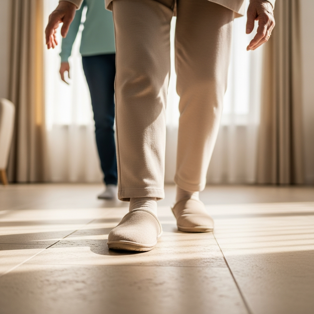 Cận cảnh chân người cao tuổi đi dép chống trượt trên nền gạch nhám an toàn, thể hiện sự vững chãi và phòng ngừa trơn trượt.