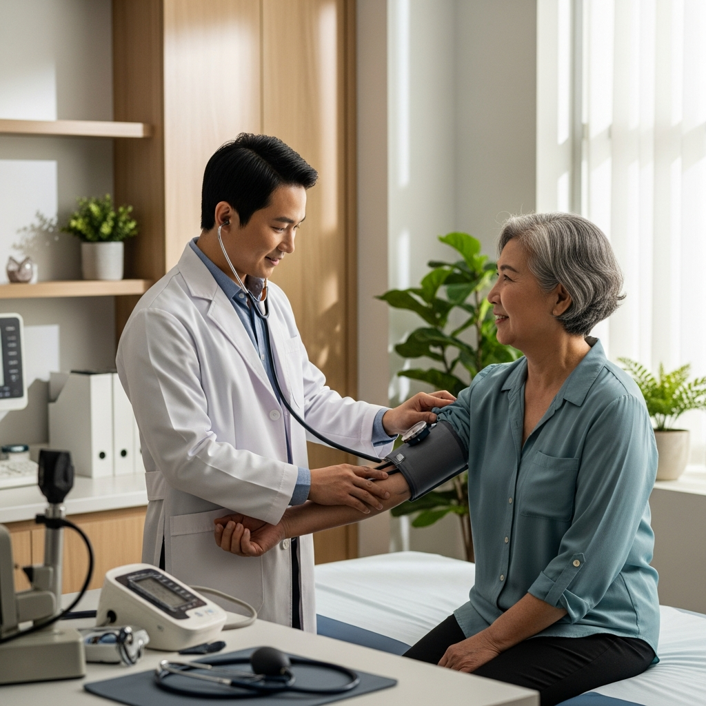 Bác sĩ đang khám sức khỏe định kỳ cho người cao tuổi để phát hiện các yếu tố nguy cơ gây té ngã.