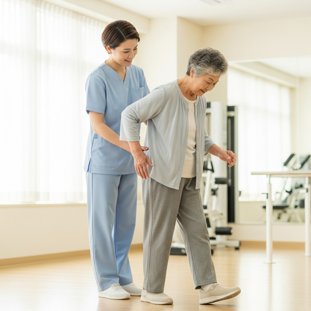 Chuyên gia vật lý trị liệu hỗ trợ người cao tuổi tập đi để cải thiện thăng bằng và sức mạnh cơ bắp