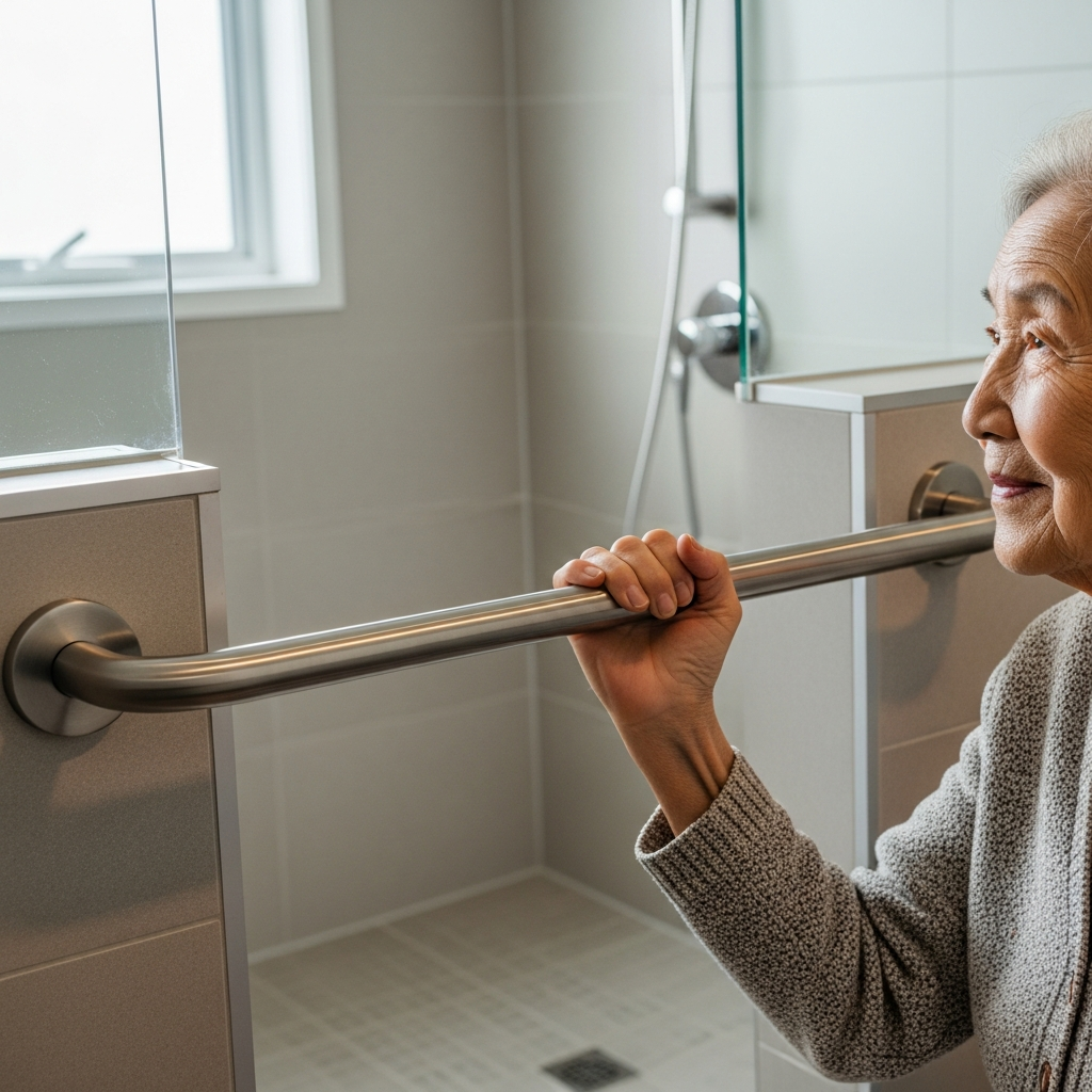 Người cao tuổi sử dụng thanh vịn inox an toàn trong nhà tắm hiện đại, minh họa cho giải pháp hỗ trợ di chuyển.