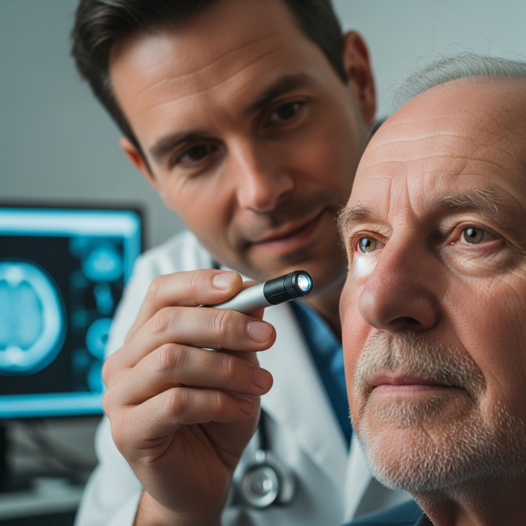 Bác sĩ thần kinh đang kiểm tra phản xạ mắt và vùng đầu cho bệnh nhân cao tuổi để phát hiện chấn thương sọ não.