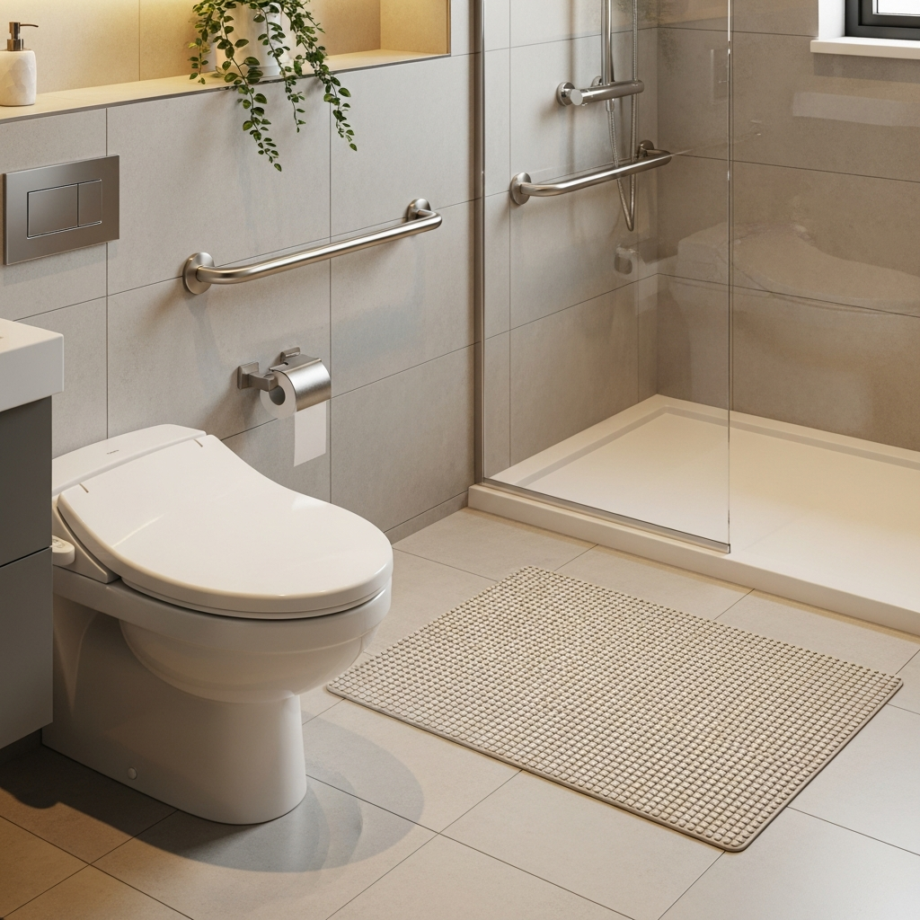 Minh họa phòng tắm an toàn với thanh vịn inox và thảm chống trượt giúp người già phòng ngừa trơn trượt.