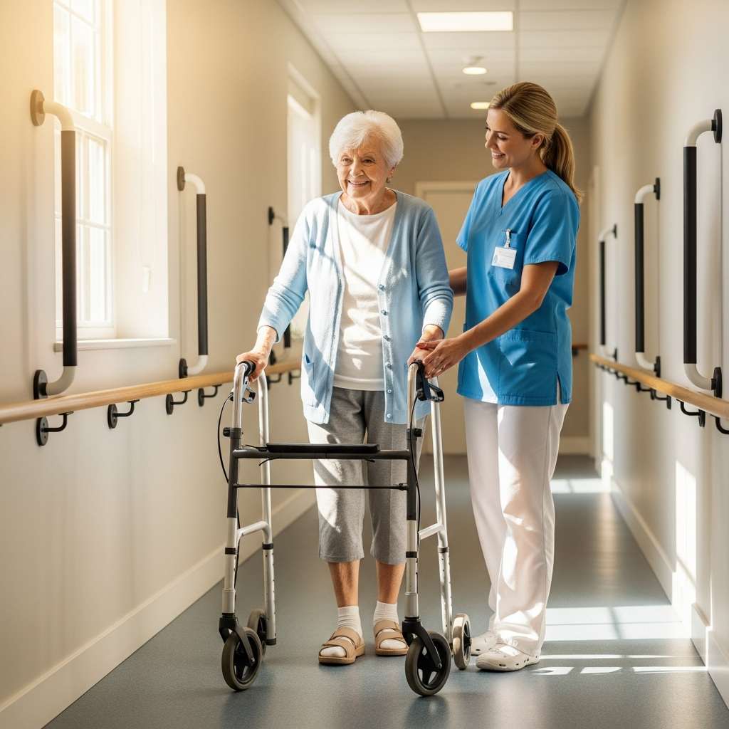 Người cao tuổi tập đi lại với khung hỗ trợ và sự giúp đỡ của nhân viên y tế trong môi trường an toàn.