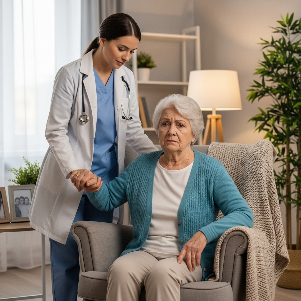 Nhân viên chăm sóc ân cần hỗ trợ và dìu người cao tuổi có biểu hiện lú lẫn tại phòng khách gia đình