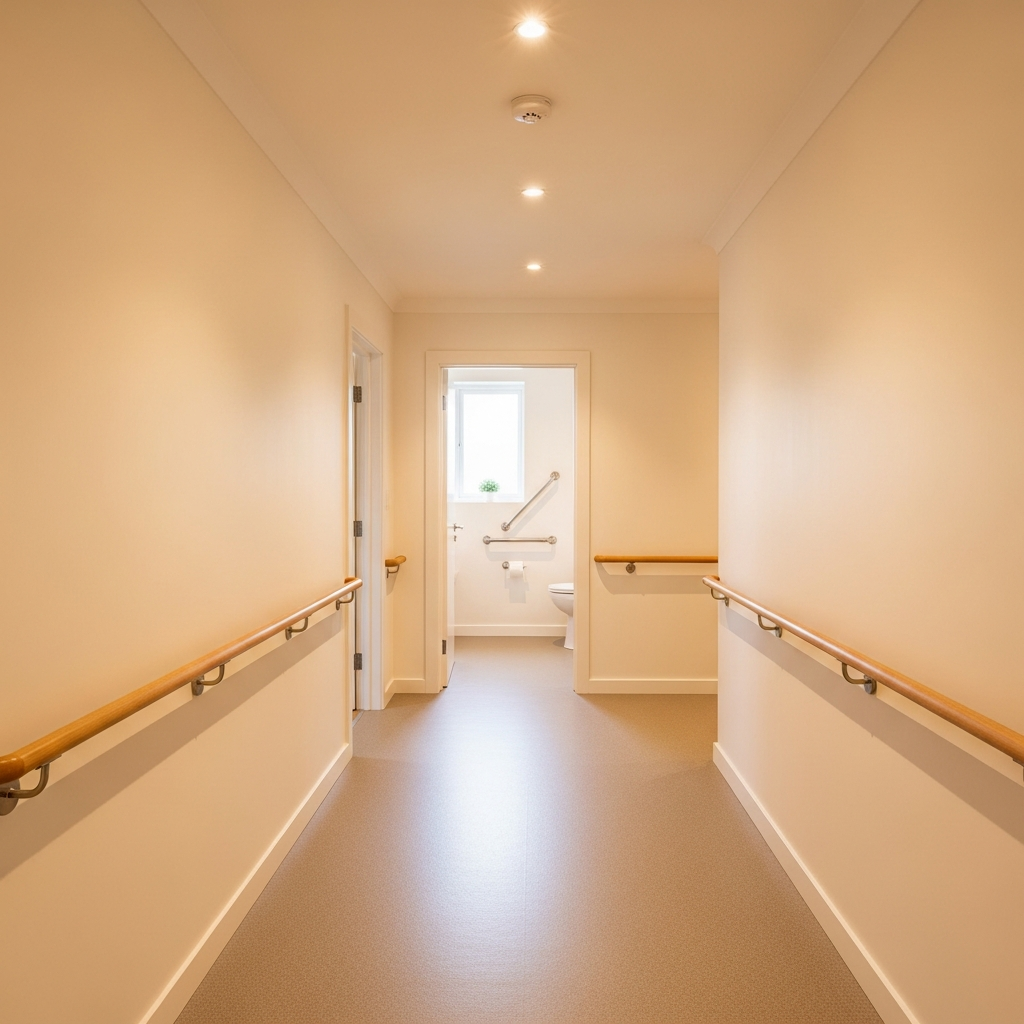 Hình ảnh minh họa không gian nhà ở an toàn cho người già với tay vịn dọc hành lang và sàn nhà không có vật cản để chống té ngã.