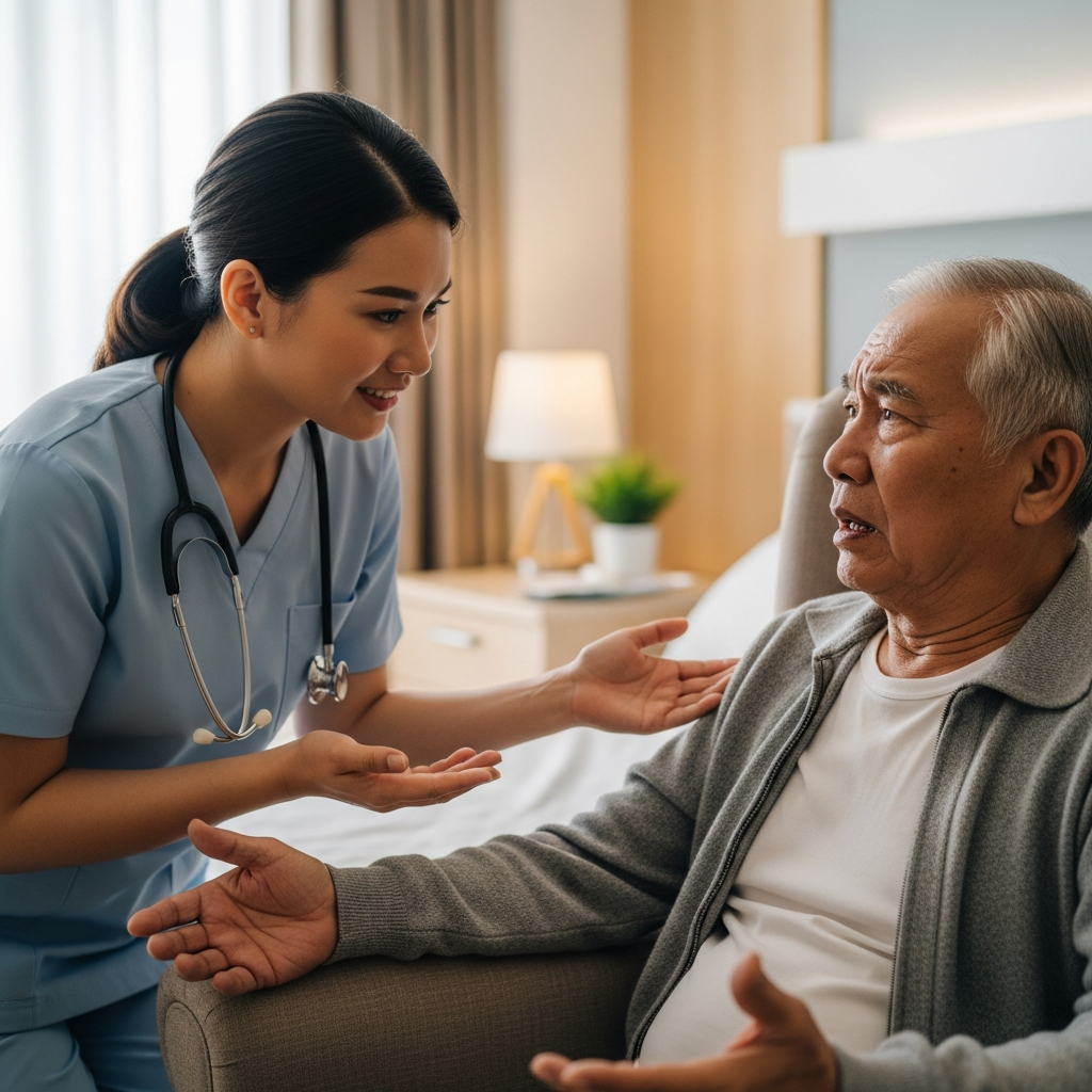 Một người chăm sóc đang kiên nhẫn và nhẹ nhàng trấn an một người cao tuổi đang bị kích động, sử dụng ngôn ngữ cơ thể cởi mở để giảm căng thẳng.