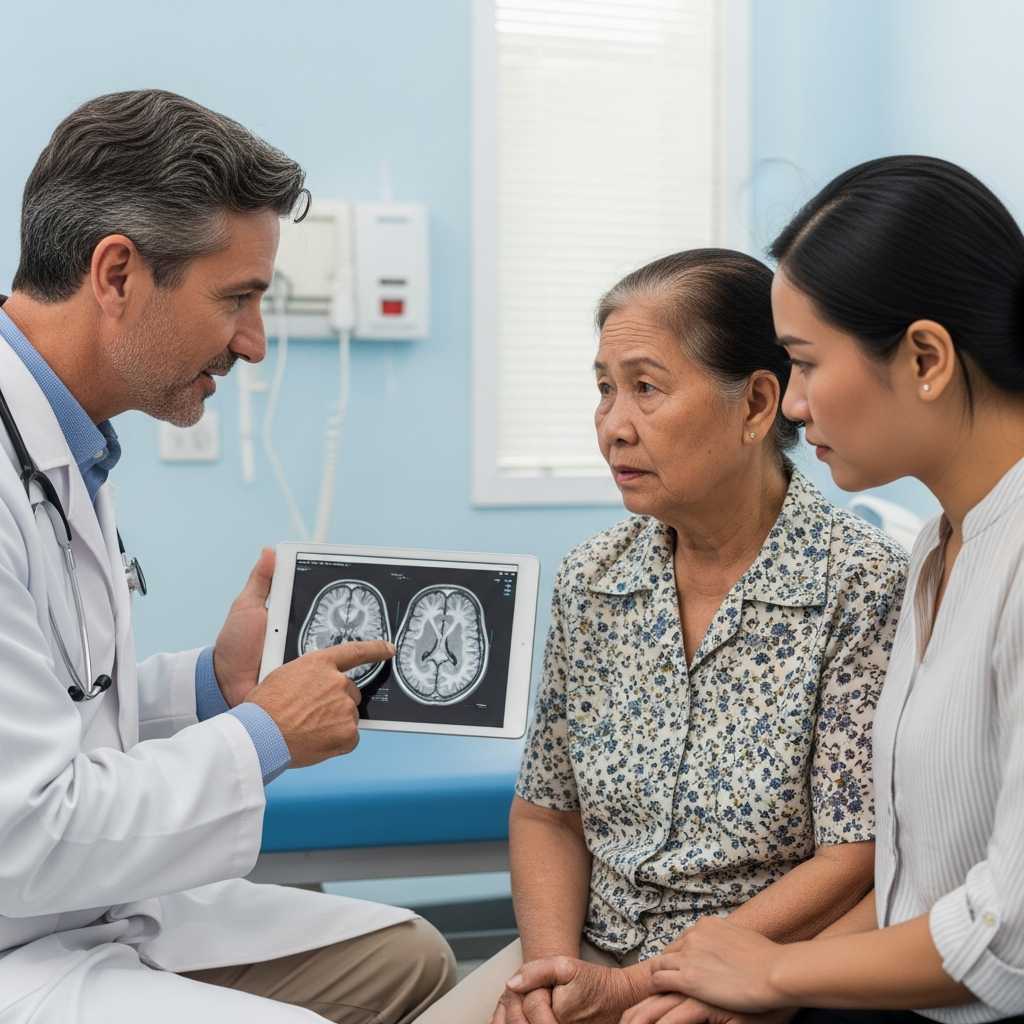 Bác sĩ chuyên khoa thần kinh đang giải thích hình ảnh chụp não và nguyên nhân gây bệnh lẫn cho bệnh nhân cao tuổi và người nhà.