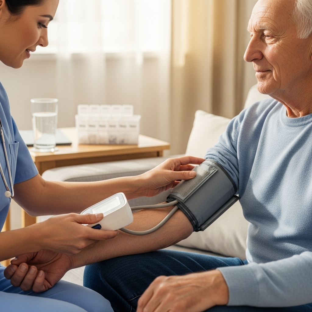 Nhân viên y tế kiểm tra huyết áp và theo dõi sức khỏe cho người bệnh Alzheimer tại nhà