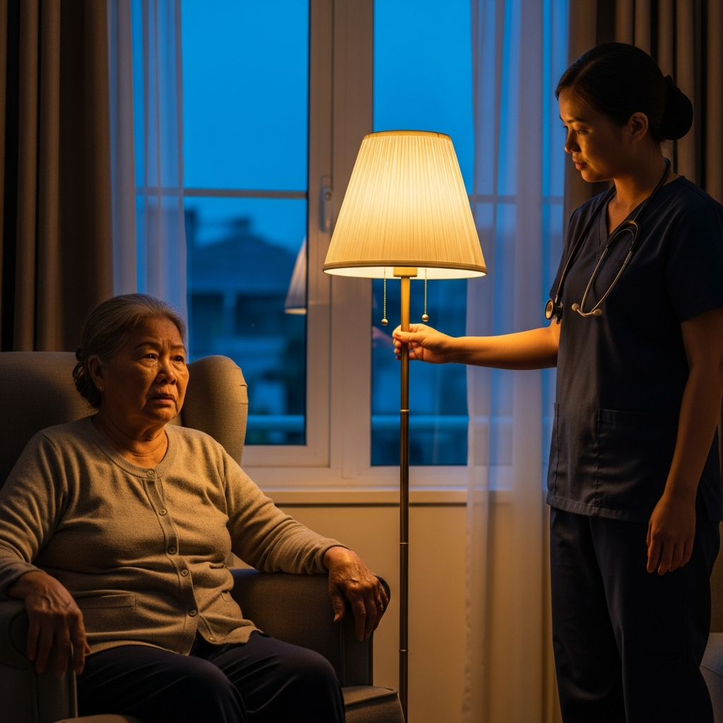 Y tá đang bật đèn sáng vào buổi chiều tối để giúp người cao tuổi giảm bớt sự lo lắng và bối rối do hội chứng mặt trời lặn.