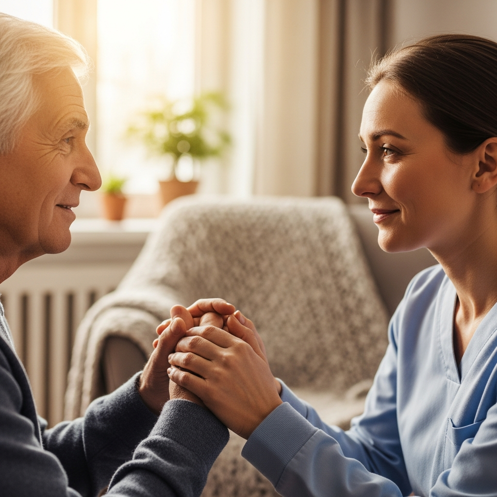 Người chăm sóc giao tiếp ân cần, nắm tay và nhìn vào mắt người cao tuổi để tạo sự tin tưởng và an tâm.