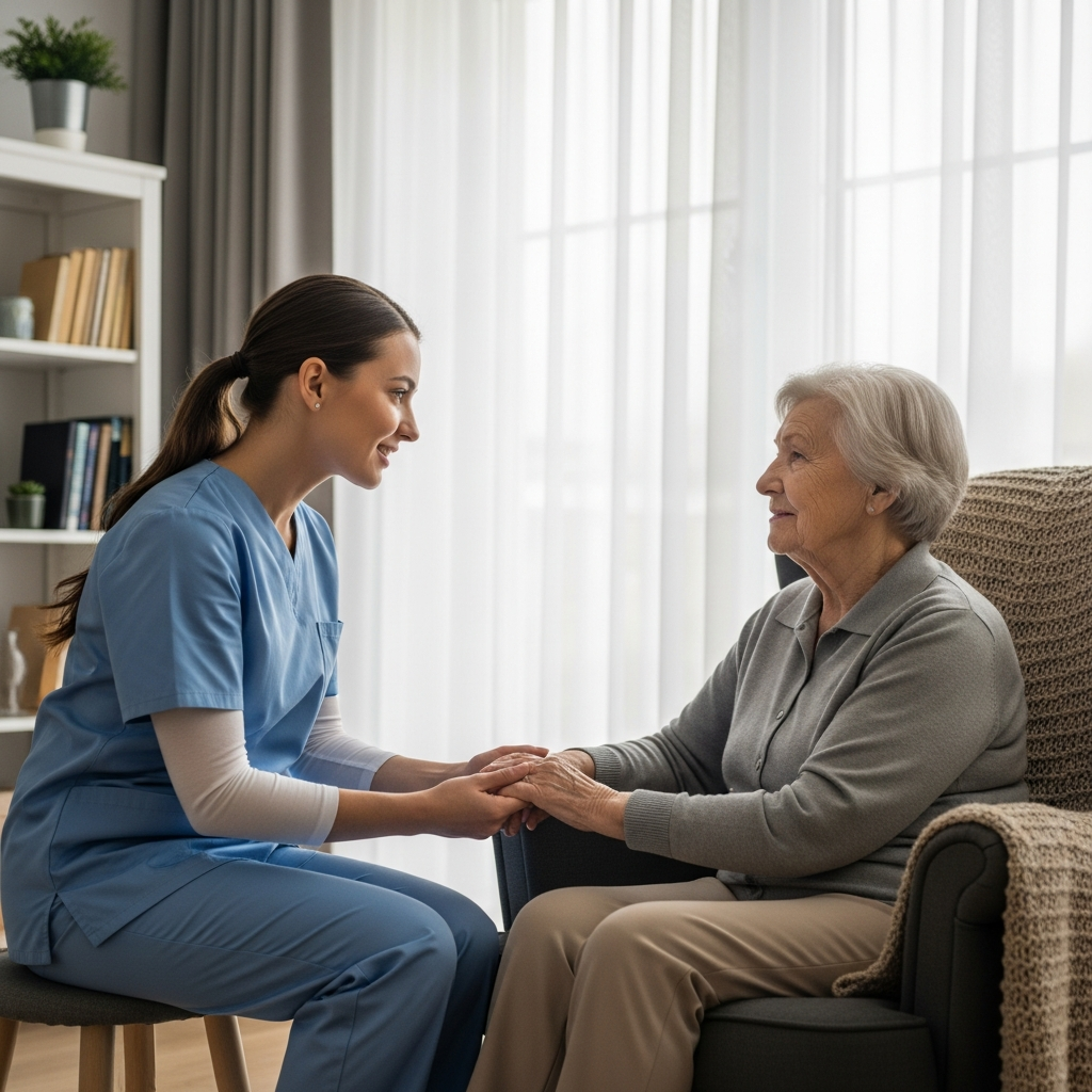 Hình ảnh người chăm sóc ngồi ngang tầm mắt, nắm tay và giao tiếp ân cần với người già bị sa sút trí tuệ trong phòng khách.