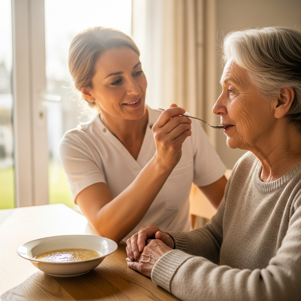 Người chăm sóc đang kiên nhẫn bón thức ăn mềm, dễ tiêu hóa cho người cao tuổi.