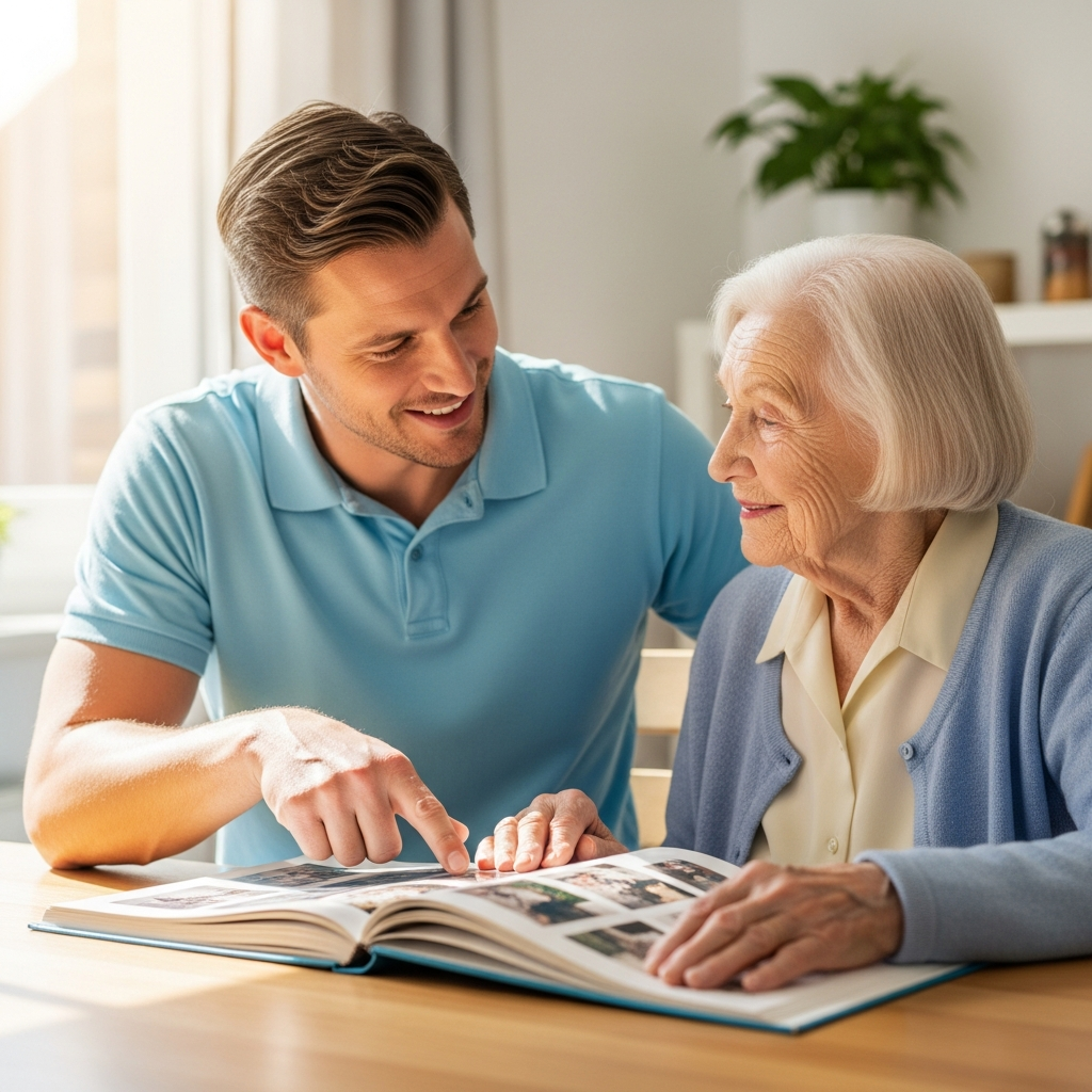 Người chăm sóc cùng người bệnh xem album ảnh để kích thích trí nhớ và trò chuyện vui vẻ