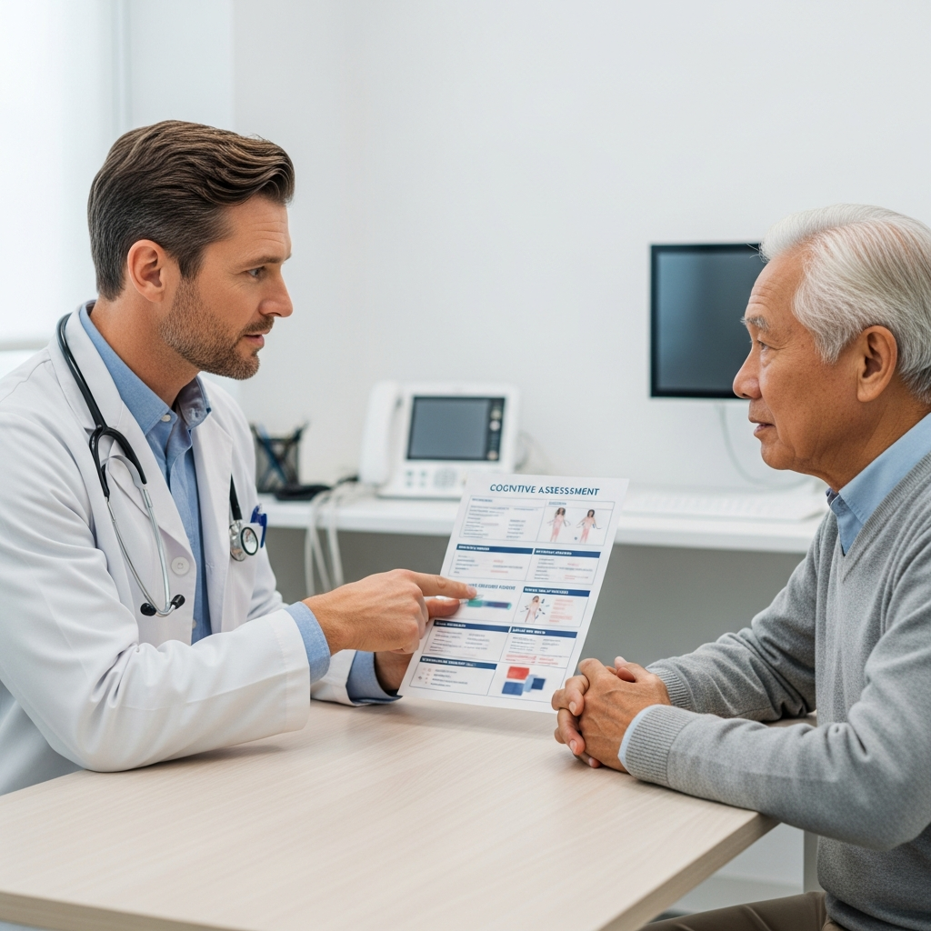 Bác sĩ chuyên khoa thần kinh đang tư vấn và thực hiện bài kiểm tra đánh giá trí nhớ cho người cao tuổi.