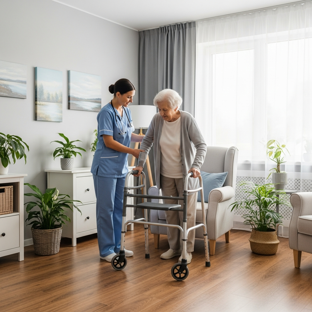 Dịch vụ y tế chăm sóc người già chuyên nghiệp hỗ trợ người bệnh vận động an toàn tại nhà hoặc viện dưỡng lão.