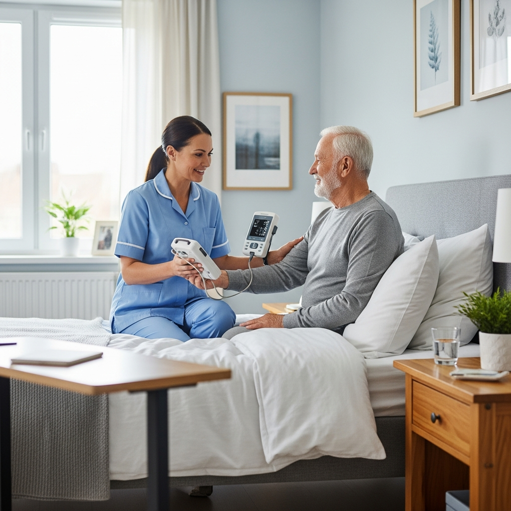 Nhân viên y tế chuyên nghiệp đang chăm sóc tận tình cho người bệnh tại nhà, thể hiện sự an toàn và tin cậy của dịch vụ chăm sóc.