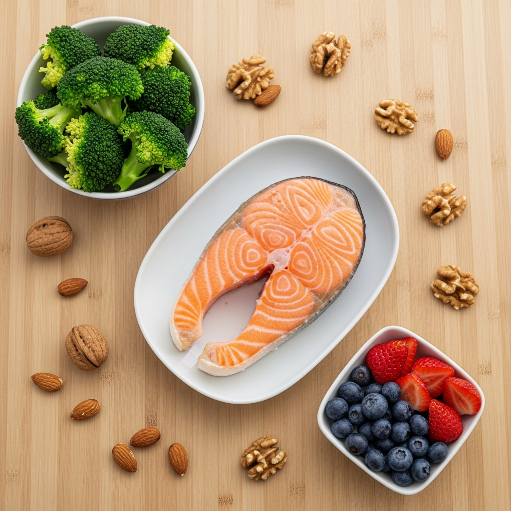 Các loại thực phẩm bổ não bao gồm cá hồi, súp lơ xanh, quả mọng và các loại hạt.