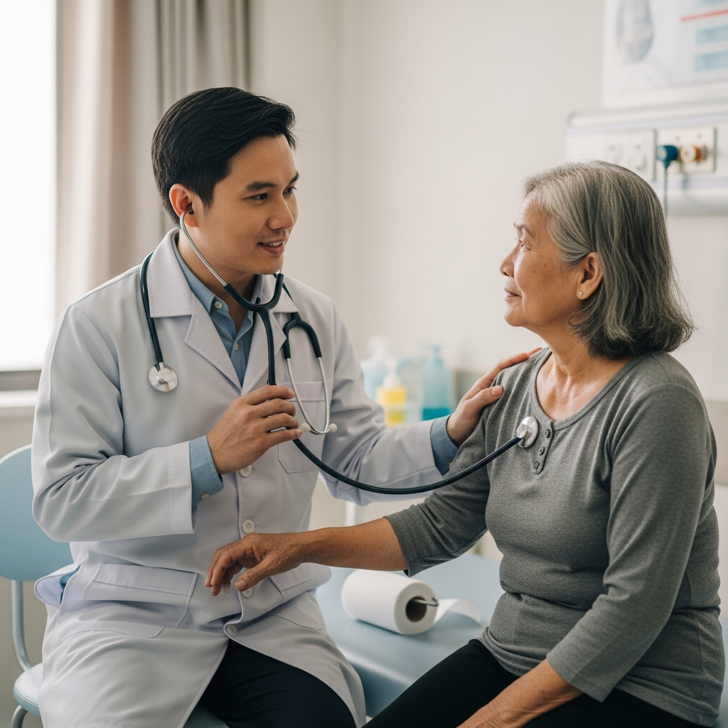 Bác sĩ đang tư vấn và thăm khám tim mạch cho người cao tuổi trong phòng khám hiện đại