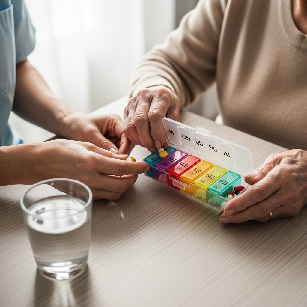 Hình ảnh cận cảnh tay người cao tuổi và người chăm sóc đang sắp xếp thuốc vào hộp chia theo ngày để quản lý bệnh tim.