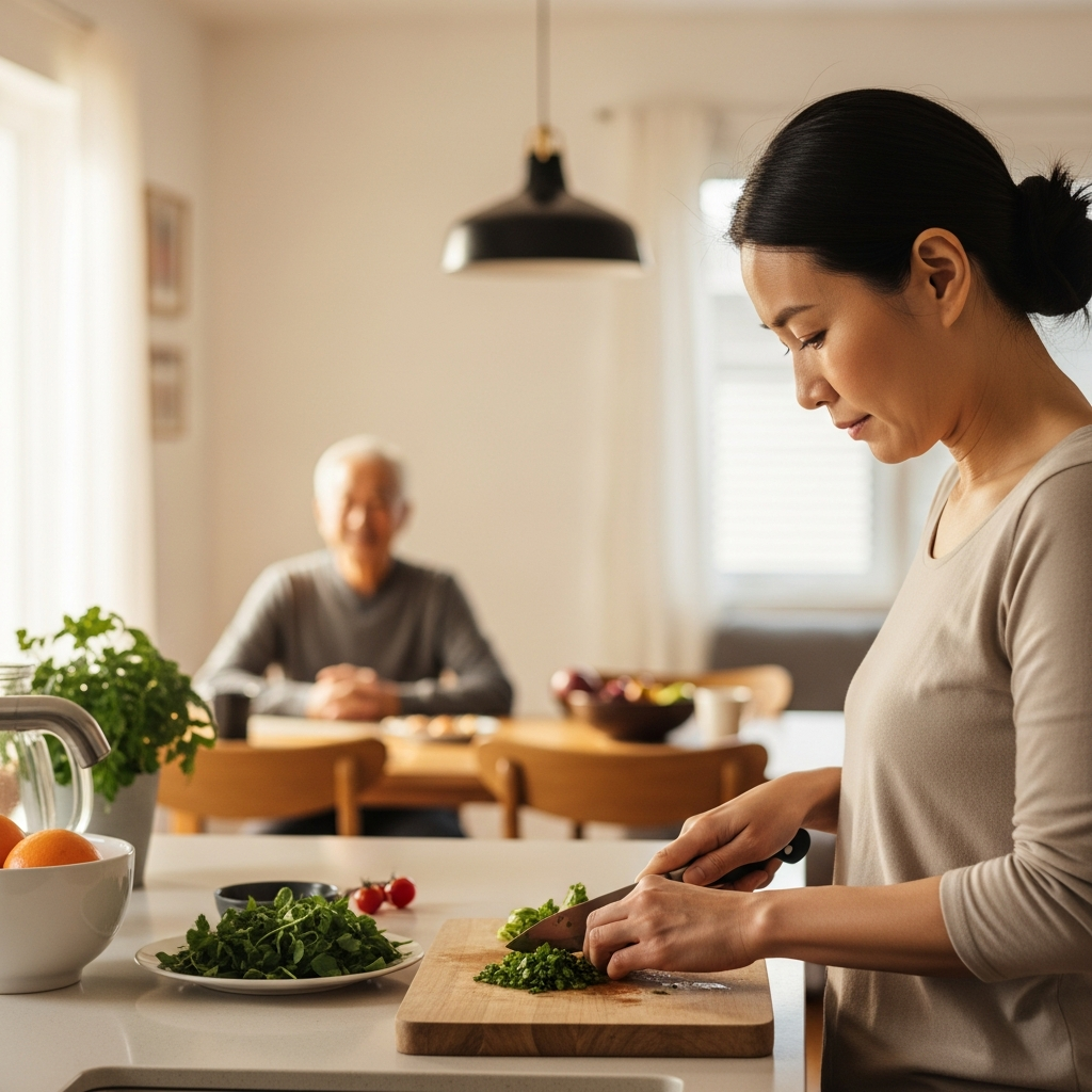Người thân đang chuẩn bị bữa ăn ít muối, nhiều rau xanh và thảo mộc tươi cho người cao tuổi mắc bệnh tim mạch.