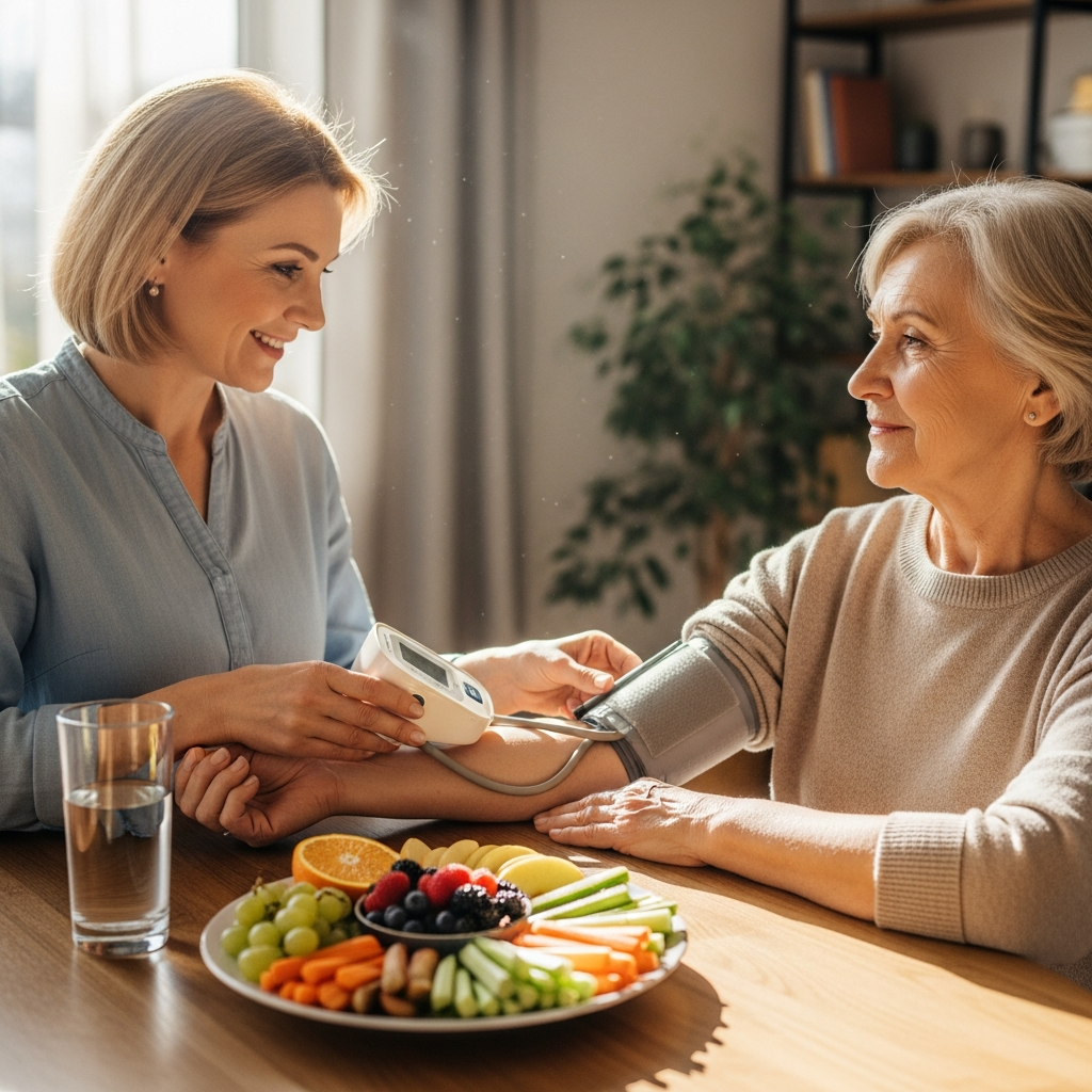 Con gái hỗ trợ mẹ già đo huyết áp tại nhà, trên bàn có thực phẩm lành mạnh