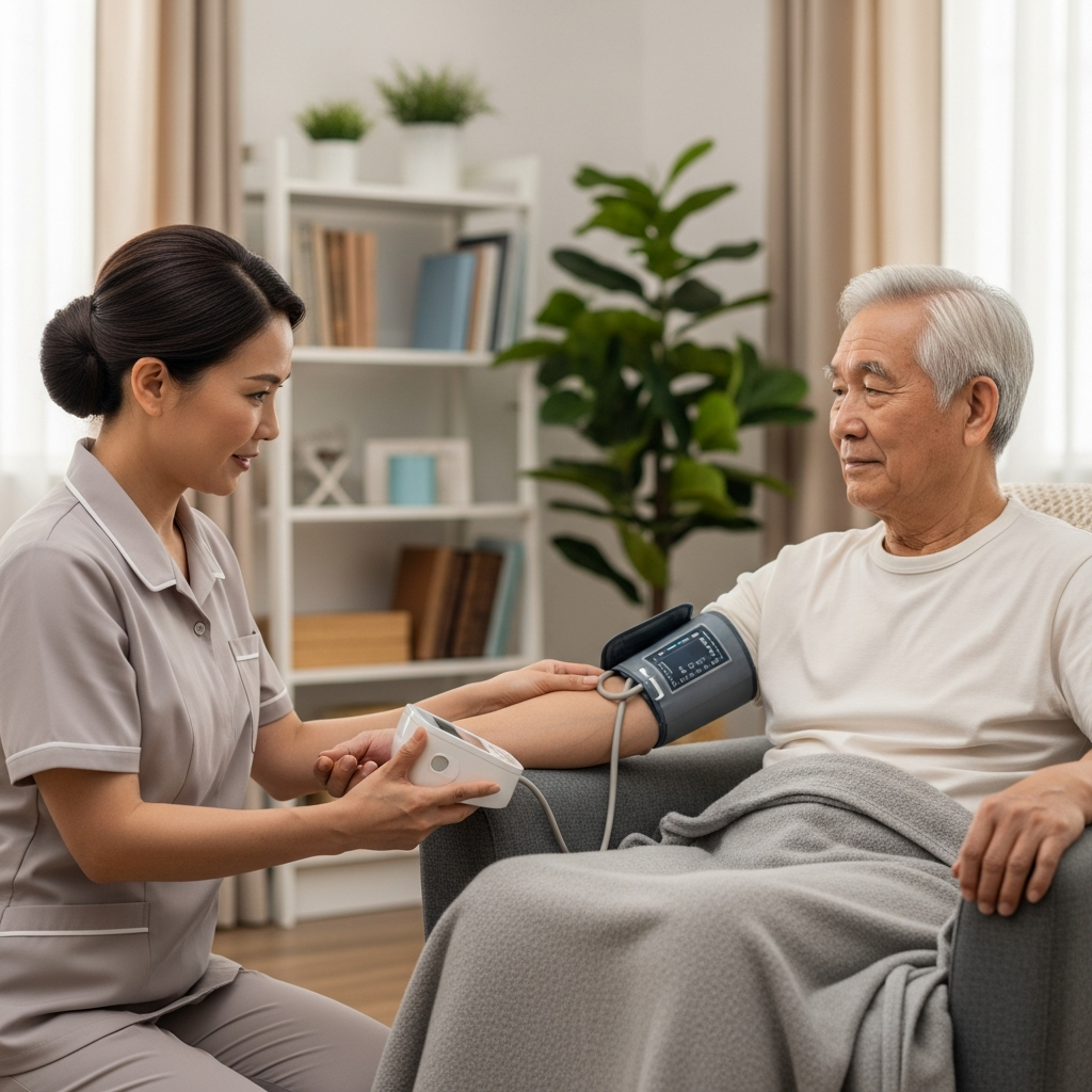 Người nhà đang đo huyết áp và kiểm tra nhịp tim cho người già bằng máy đo điện tử tại nhà.