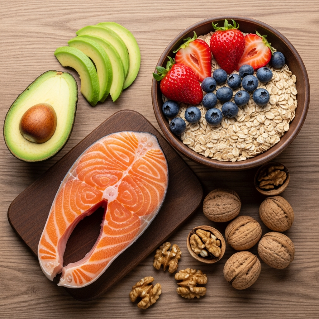 Các loại thực phẩm tốt cho tim mạch bao gồm cá hồi, yến mạch, các loại hạt và trái cây tươi.