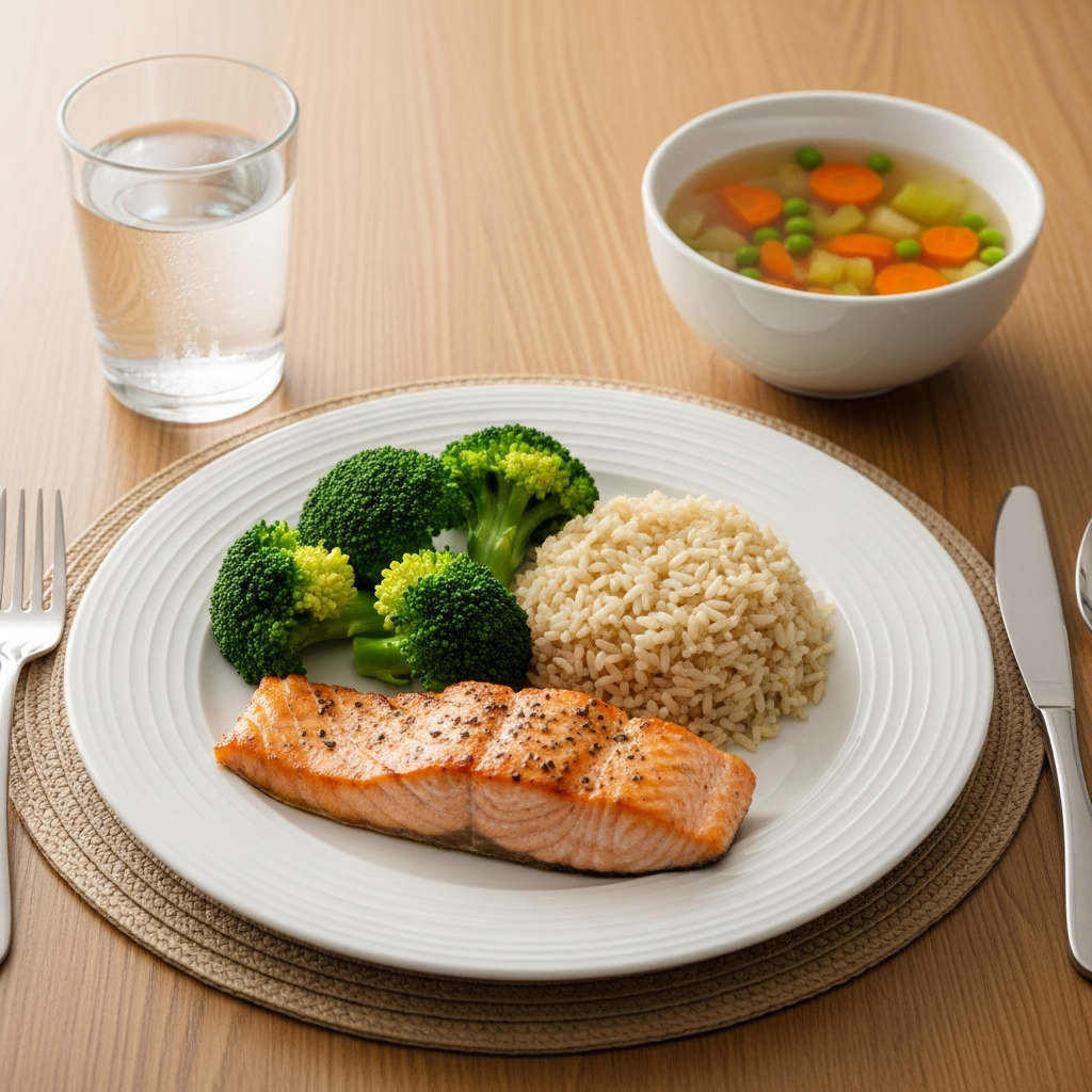 Bữa ăn dinh dưỡng tốt cho tim mạch với cá, rau xanh và gạo lứt dành cho người cao tuổi.
