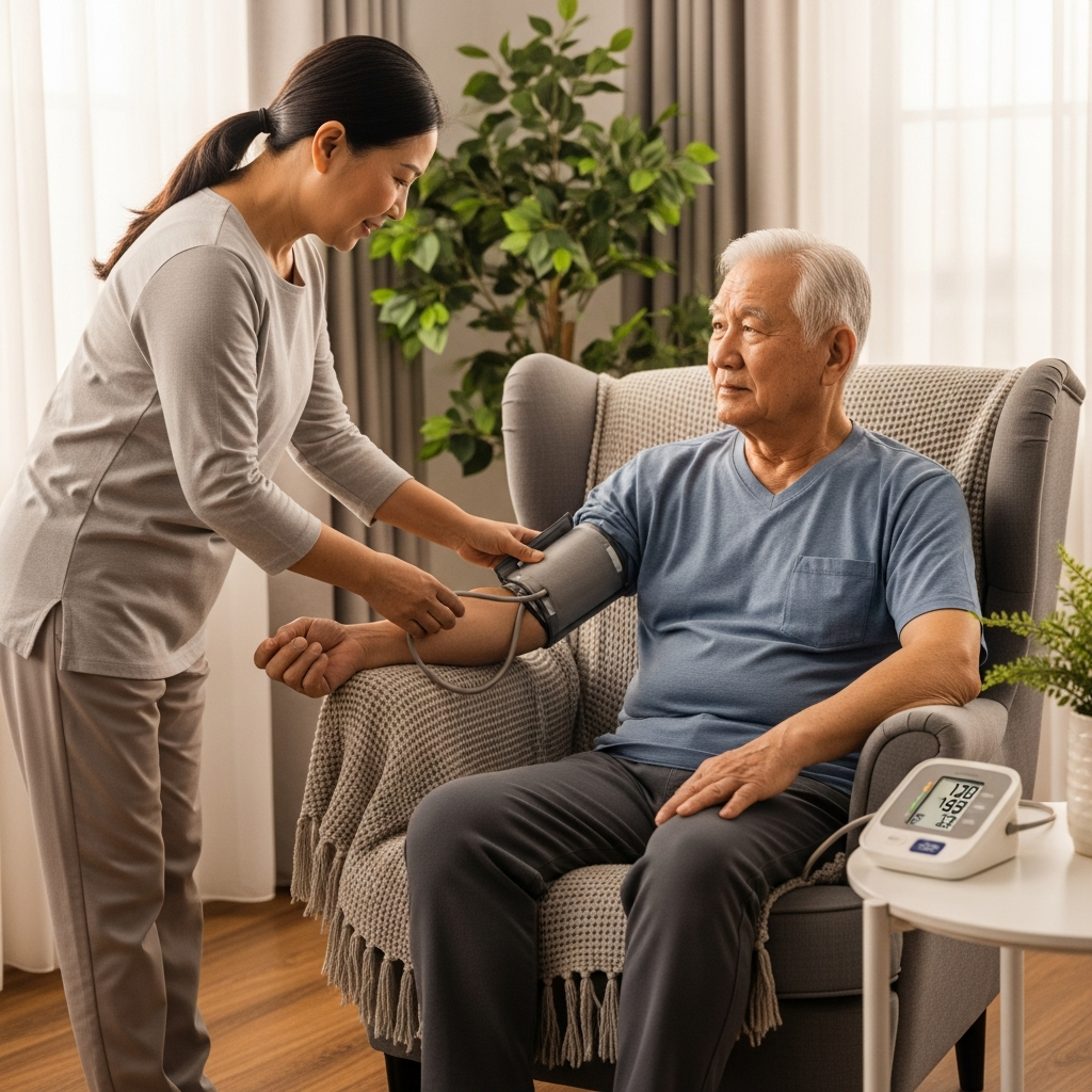 Người chăm sóc kiểm tra huyết áp cho người cao tuổi trước khi tập luyện để đảm bảo an toàn.